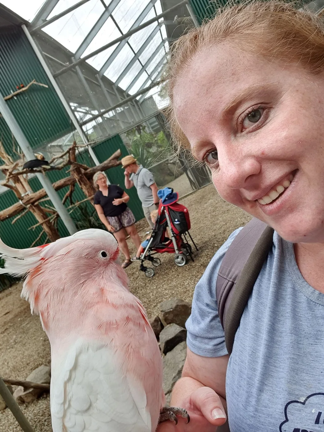 Portrait beside a pink and white cockatoo