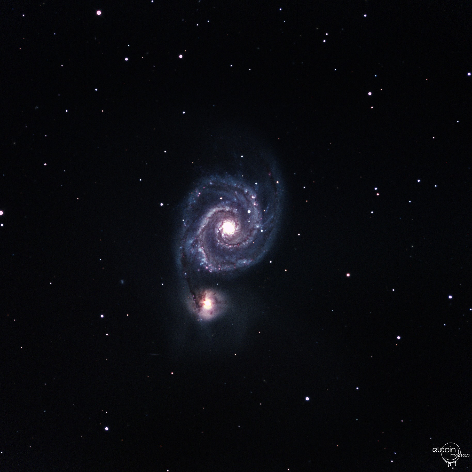 Messier 51 aka The Whirlpool merging galaxies, imaged with TelescopeLive and processed in PixInsight